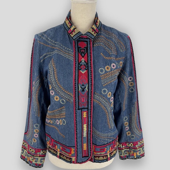 Coldwater Creek Embroidered Bohemian Hippie Denim Jacket Long Sleeve Womens PS - Picture 4 of 16